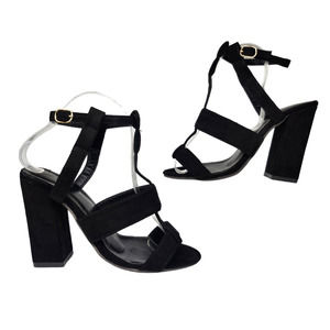 Black Ankle Strap Heels Faux Suede T Strap Strappy Chunky Block Heel Womens 36 6